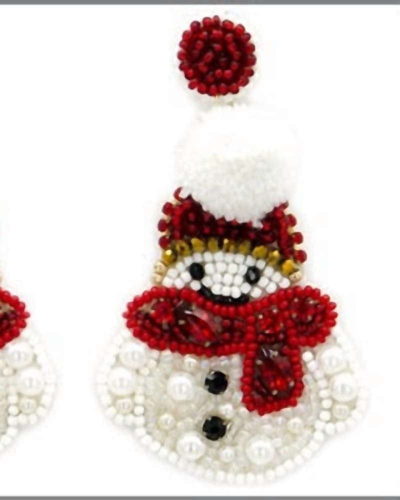 Front of a size O/S Seed Bead Snow Man Earrings in Red in Red by What's Hot. | dia_product_style_image_id:331020